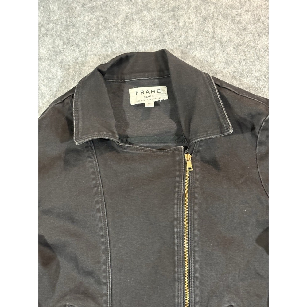 FRAME Denim Moto Biker Jacket Women M Washed Black Stretch Asymmetrical Zip